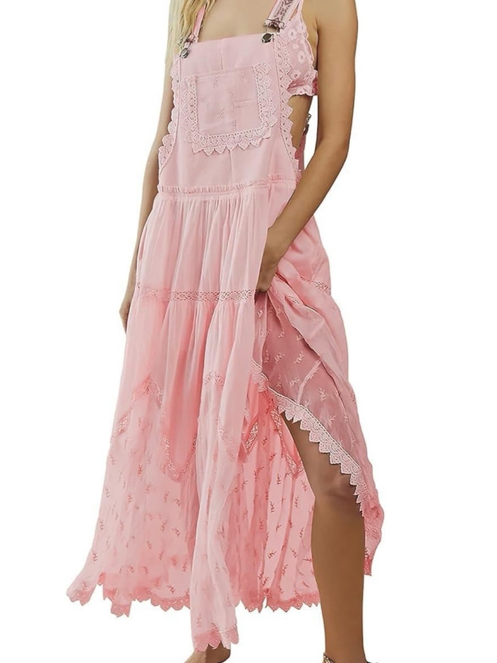 Amazon Pink Lace-Trim Maxi Dress Overalls